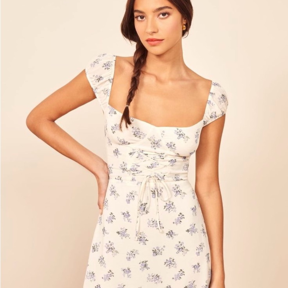 Reformation Jess Dress In Teresa Floral White Lace Up Bodice Dress Size Small